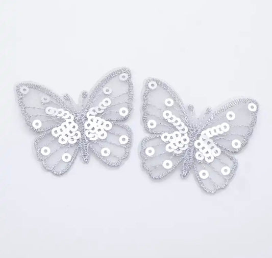 AUFNÄHER GESTICKT MIT PAILLETTEN ♥SCHMETTERLING SILBER ♥ 26mm