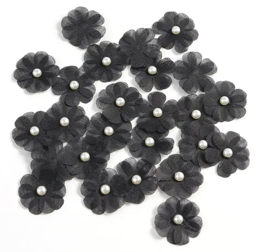TÜLL BLUME ♥Blüte Schwarz mit Perle♥ 3cm - 1Stück