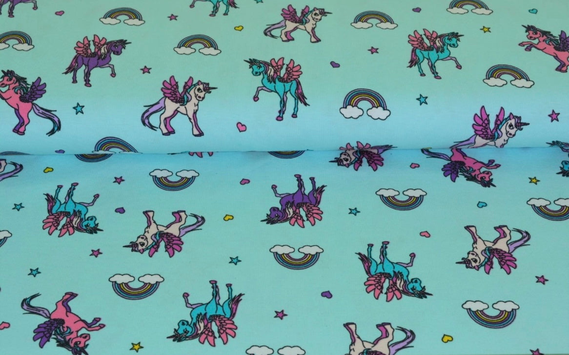 Baumwolljersey Bunte Einhörner mit Herzen