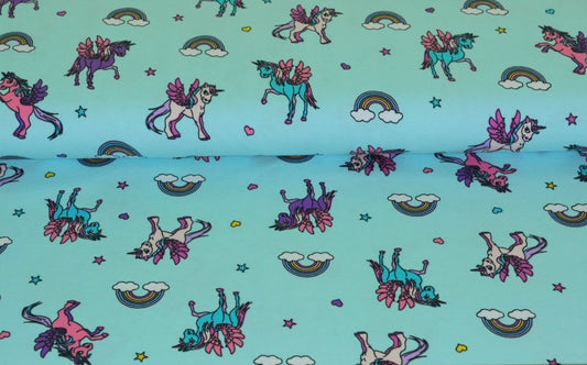 Baumwolljersey Bunte Einhörner mit Herzen